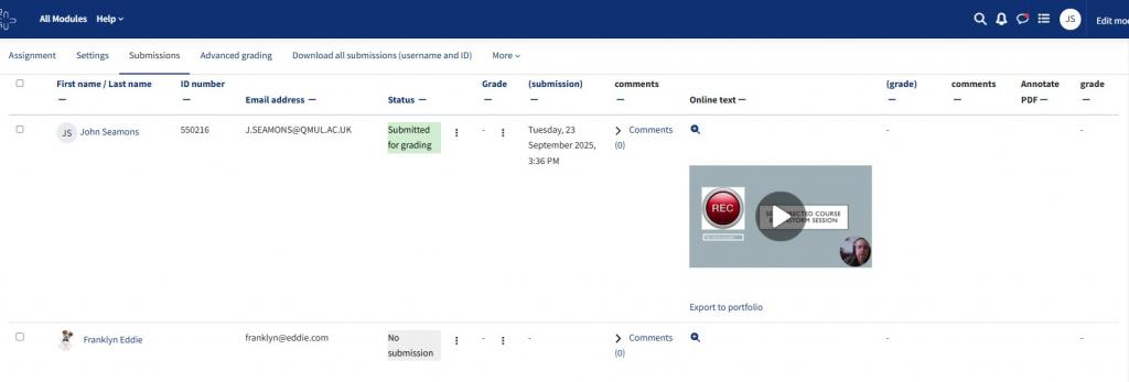 The screen for grading videos